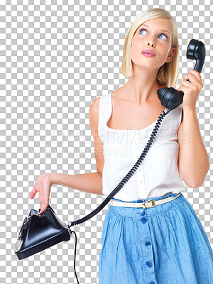 Buy stock photo Telephone, phone call and woman thinking in studio, communication and speaking on isolated, transparent and png background. Contemplate, emoji and girl talking on landline, conversation and decision