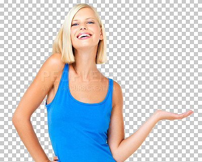 Buy stock photo Woman, presentation and smile in portrait with marketing, product placement isolated on transparent or png background. Offer, show with branding, promo and advertising with happy female with deal