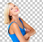 Woman, portrait and arms crossed with smile, funny face and tongue for comic joke. blonde model, isolated and happy for beauty, fashion or excited for youth lifestyle isolated on a png background