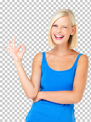 Buy stock photo OK hand, portrait and happy woman isolated on a transparent, png background success and agreement wink. Like, yes and okay sign or emoji and face of young person or model for winning or goals