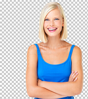 Buy stock photo Happy, smile and portrait of woman with arms crossed, proud and relaxed. Face, girl model posing and confident with pride and joy while isolated on a transparent png background with happiness