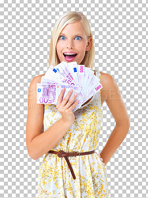 Rich, happy and woman prize winner surprised, excited and wow. Money, euro and portrait of wealthy female with lottery cash for financial freedom isolated on a png background