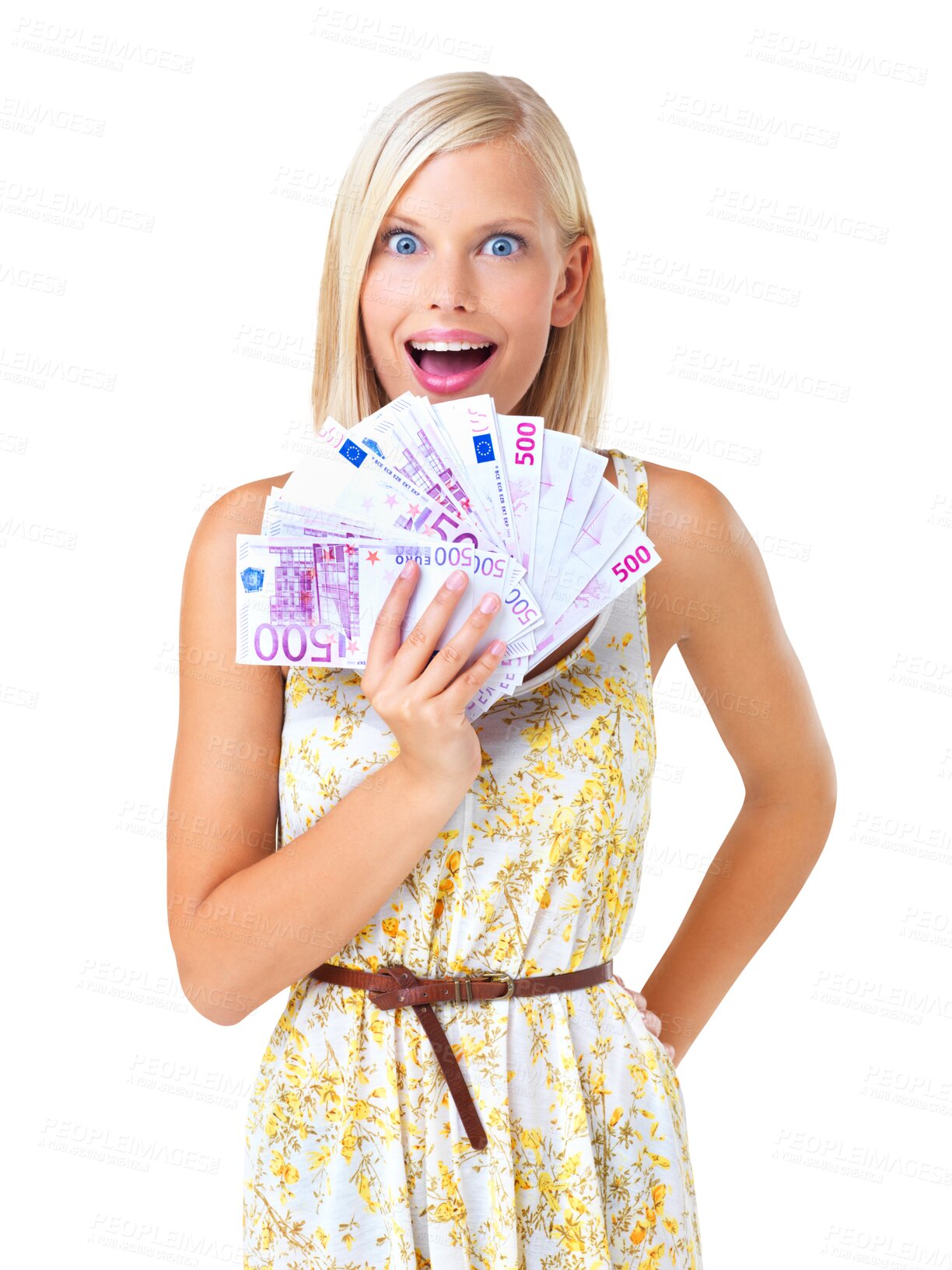 Buy stock photo Wow, money and portrait of woman isolated on transparent, png background winning, cash fan and finance success. Rich, lotto surprise and happy person or winner investment bonus, cashback or lottery