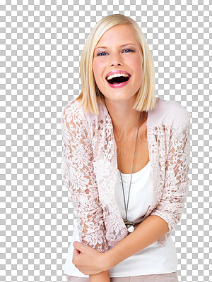 Buy stock photo Portrait, happy and laughing woman in studio for fashion, style and glamour isolated on transparent png background. Face, humor and confident girl smile, laugh and enjoying silly, funny or comedy