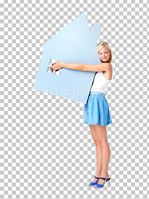 Buy stock photo House, board sign and woman isolated on transparent, png background happy real estate, love property and mortgage loan. Homeowner investment, person hug of new home icon, insurance or apartment dream