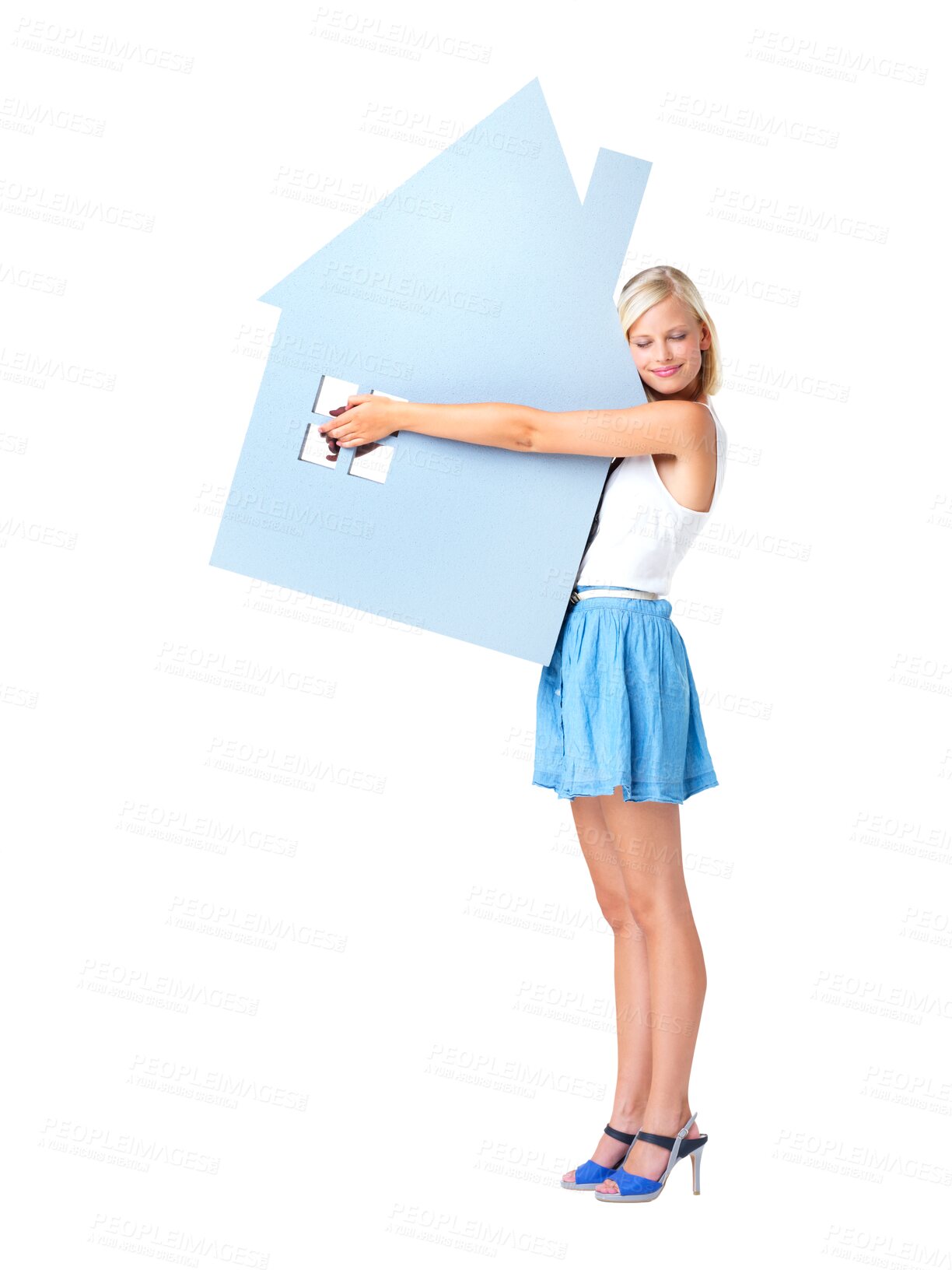 Buy stock photo House, board sign and woman isolated on transparent, png background happy real estate, love property and mortgage loan. Homeowner investment, person hug of new home icon, insurance or apartment dream