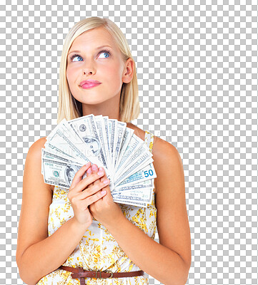 Buy stock photo Woman, thinking and money or cash in hands for finance isolated on a png, transparent background. Female model with dollar bills for currency, economy and lottery competition or jackpot win idea