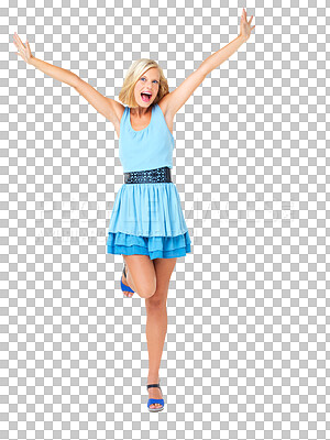 Buy stock photo Excited, surprise and energy with portrait of woman with celebration, motivation and success. Freedom, wow and smile of a model girl with confidence and isolated on a transparent, png background
