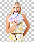 Happy, euro currency and portrait of a woman with lottery winning money. finance success of a model with cash and winner celebration from wealth and deal isolated on a png background