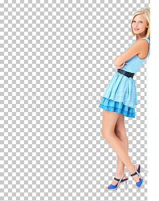 Portrait, fashion or mockup with a woman wearing a blue dress. Leaning, wall or arms crossed with an attractive young female on blank space to promote a brand isolated on a png background