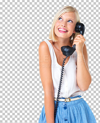 Buy stock photo Woman with smile, retro telephone and communication with landline isolated on transparent or png background. Phone call, conversation and happy young female, contact and vintage technology