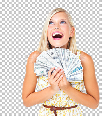 Buy stock photo Excited woman, winner and money or cash in hands for prize isolated on a png, transparent background. Female surprise with wow dollar bills for lottery, competition reward and bonus or investment
