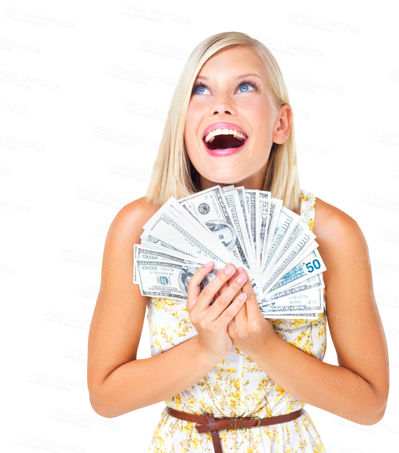 Buy stock photo Excited woman, winner and money or cash in hands for prize isolated on a png, transparent background. Female surprise with wow dollar bills for lottery, competition reward and bonus or investment
