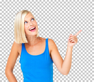 Buy stock photo Woman, pointing and smile with marketing presentation, product placement isolated on transparent or png background. Offer, show with branding, promo and advertising with happy female with deal