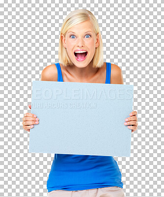 Buy stock photo Portrait, excited and woman with poster for mockup isolated on a transparent png background. Product placement, marketing banner or happy person with advertising, branding or promotion for copy space