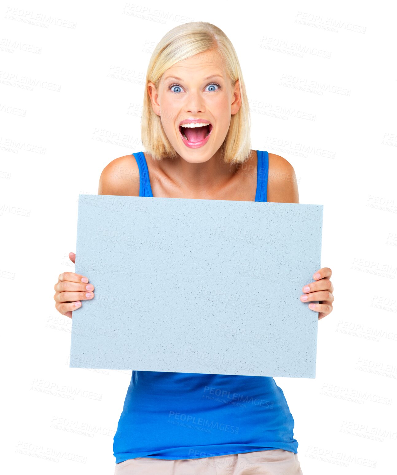 Buy stock photo Portrait, excited and woman with poster for mockup isolated on a transparent png background. Product placement, marketing banner or happy person with advertising, branding or promotion for copy space