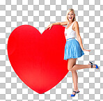 Portrait, red heart and woman in studio for poster, billboard or paper for love, valentines day or message. Happy, girl or model relax on icon, board or emoji, peace and hope isolated on a png background