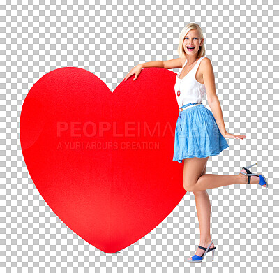 Buy stock photo Portrait, red heart and woman in studio for poster, billboard or paper for love, valentines day or message. Happy, girl or model relax on icon, board or emoji isolated on a transparent png background