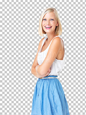 Buy stock photo Happy woman, portrait and fashion with a smile and isolated on a transparent, png background. Laughing, comic and fun of a young model feeling confident with female empowerment and funny joke