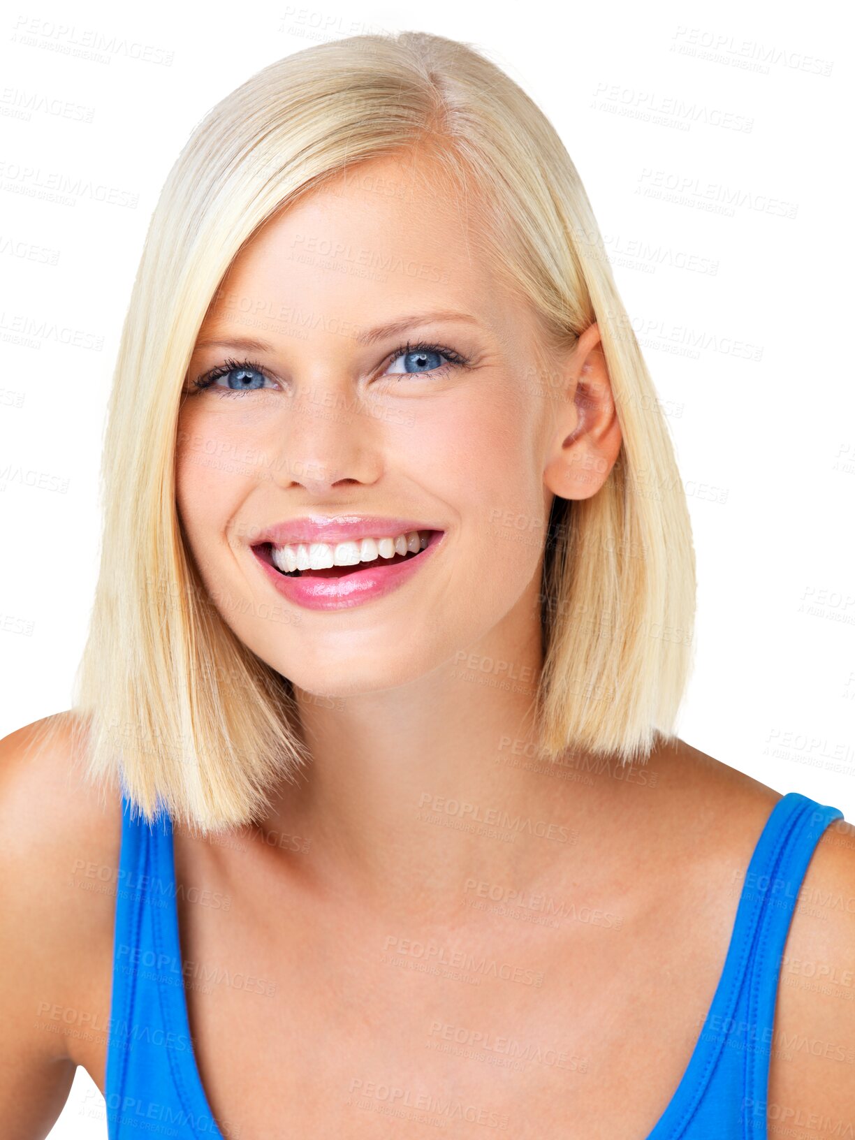 Buy stock photo Happy woman in portrait, face and smile with positive mindset and success isolated on transparent, png background. Beauty, glow and beautiful female in headshot with straight hair and happiness