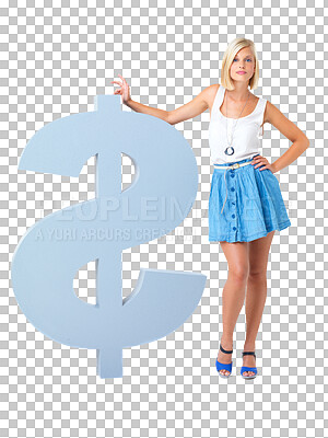 Dollar sign, money and portrait of woman for financial saving, investment or goal. Finance, economy and female model from Canada standing with cash symbol isolated on a png background