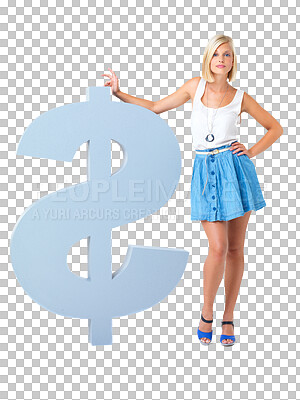 Buy stock photo Portrait, dollar sign and woman with icon for money or finance isolated on a png, transparent background. Female model with a symbol for currency, economy and lottery competition award or jackpot win