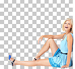 Portrait, woman on floor and against a wall with smile, casual outfit and carefree with lady. Mockup, face or female on ground, relax or calm with joy on isolated on a png background