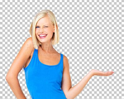 Buy stock photo Smile, wink and woman in portrait pointing to mockup isolated on transparent png background. Happy female advertising promotion, marketing and presentation of brand news, choice and offer coming soon