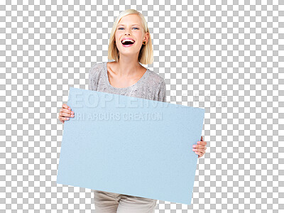 Buy stock photo Mockup, laughing and portrait of woman with board isolated on a transparent png background. Product placement, advertising or person with marketing poster for branding, promotion or commercial space.