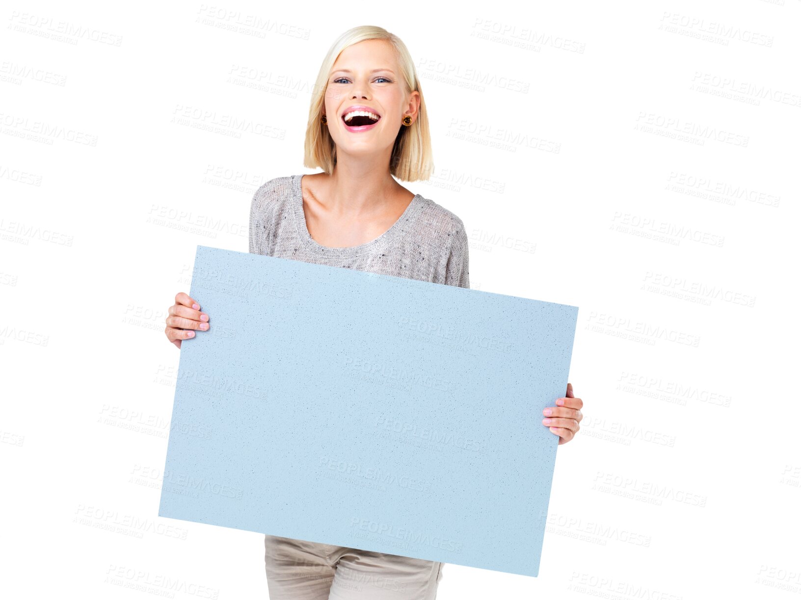 Buy stock photo Mockup, laughing and portrait of woman with board isolated on a transparent png background. Product placement, advertising or person with marketing poster for branding, promotion or commercial space.