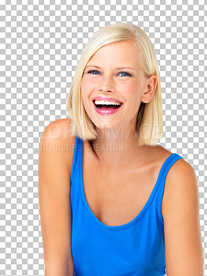 Buy stock photo Woman in portrait, laughing and happiness with success, positive mindset isolated on transparent, png background. Young female, laugh at funny joke with comedy, carefree and happy with confidence