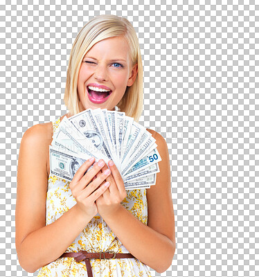 Buy stock photo Woman, wink and cash money in hands of winner with prize isolated on a png, transparent background. Excited female show dollar bills for profit, economy and lottery competition reward or bonus win
