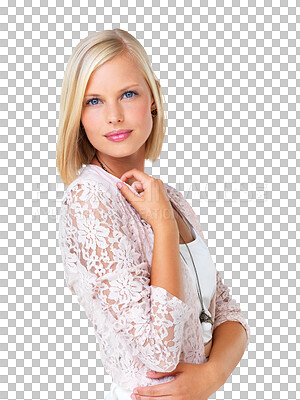 Buy stock photo Portrait, fashion and woman with beauty, casual outfit and confident girl isolated on a transparent png background. Face of female model with blond hair or vision in trendy clothes or beautiful style