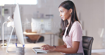 Buy stock photo Thinking, employee and woman with computer, typing and research for a project with planning, website information and online reading. Person, worker and consultant with a pc, email and search internet