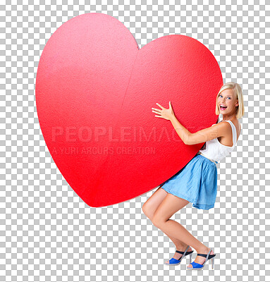 Buy stock photo Love, red heart and portrait of woman for valentines day isolated on a transparent png background. Happy female, big shape and icon of kindness, emoji and excited for sign of care, hope and support 