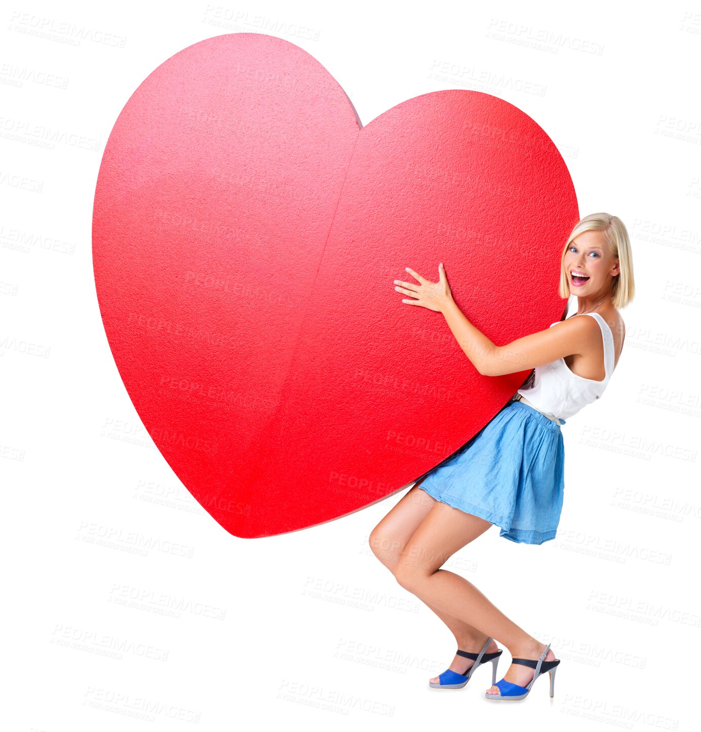 Buy stock photo Love, red heart and portrait of woman for valentines day isolated on a transparent png background. Happy female, big shape and icon of kindness, emoji and excited for sign of care, hope and support 