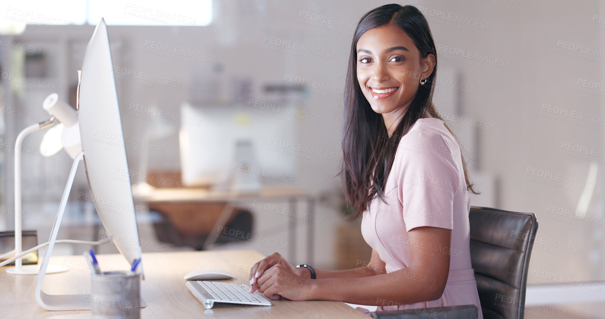 Buy stock photo Portrait, business woman and happy at office desk with smile from entrepreneur work and confidence. Creative staff, female professional and employee at a company ready for web working at a workplace