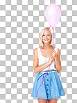 Woman, balloon and portrait of a model with mockup, space. Birthday, party or valentines day balloons with happy young person with mock up with a smile ready to celebrate isolated on a png background