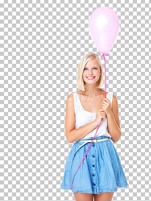 Buy stock photo Smile, balloon and portrait of woman isolated on transparent png background. Happy young female, pink balloons and birthday celebration of special event, party and gift to celebrate happiness