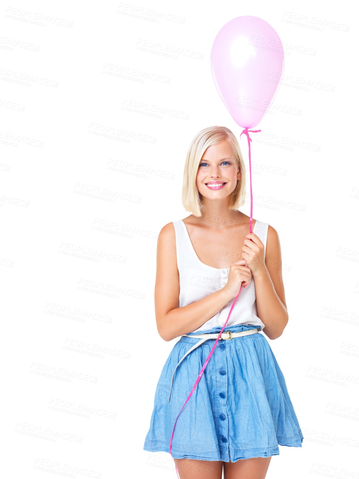 Buy stock photo Smile, balloon and portrait of woman isolated on transparent png background. Happy young female, pink balloons and birthday celebration of special event, party and gift to celebrate happiness