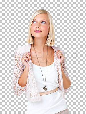 Buy stock photo Thinking, fashion and unsure woman in studio for style, elegant and glamour isolated on transparent png background. Contemplation and confident girl posing, decision and fashionable clothing