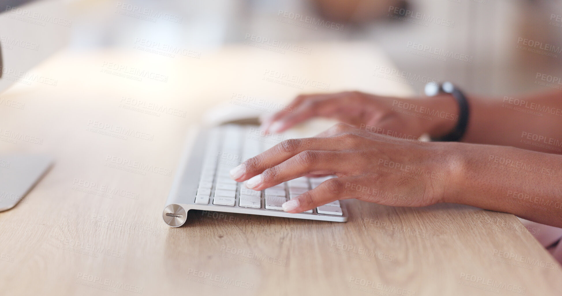 Buy stock photo Hands, typing or woman on keypad, business employee and closeup on desk, office or computer. Entrepreneur, emails or writing reports for research, planning or website development on web, tech or job