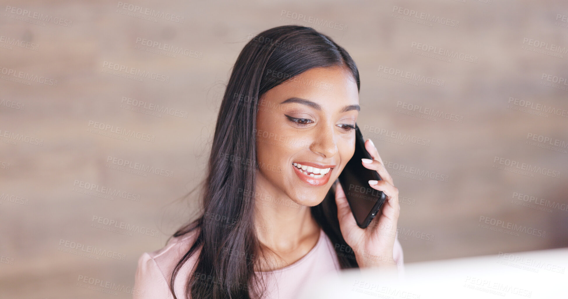 Buy stock photo Receptionist, conversation and business woman on a phone call for working at front desk for customer service. Professional, communication and person on smartphone for contact, discussion and schedule