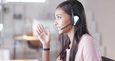 Talking call centre agent wearing headset in office and promoting or marketing deals and sales to clients. Assertive and confident customer service operator helping, explaining and advising customers