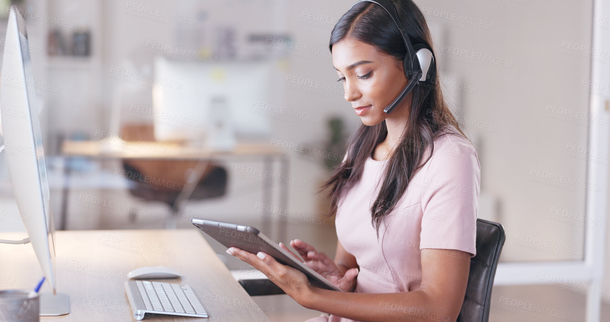 Buy stock photo Customer support, receptionist and business woman with tablet for planning, call center and agenda in office. Corporate, secretary and happy person at desk for consulting, computer and digital tech