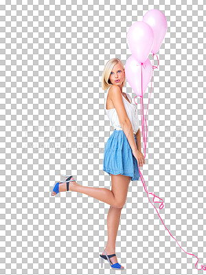 Buy stock photo Balloons, portrait and woman with leg up isolated on transparent png background. Young female, pink balloon or birthday celebration of special event, excited party or gift to celebrate valentines day