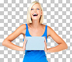 Sign, paper and woman with poster advertising, marketing and billboard for sale, deal or giveaway. Portrait, mockup and female showing brand on a board isolated on a png background