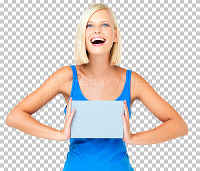 Buy stock photo Blank sign, announcement and wow, portrait of happy woman, poster or billboard for promo deal giveaway. Happiness, mockup and surprised model with info board isolated on transparent, png background.