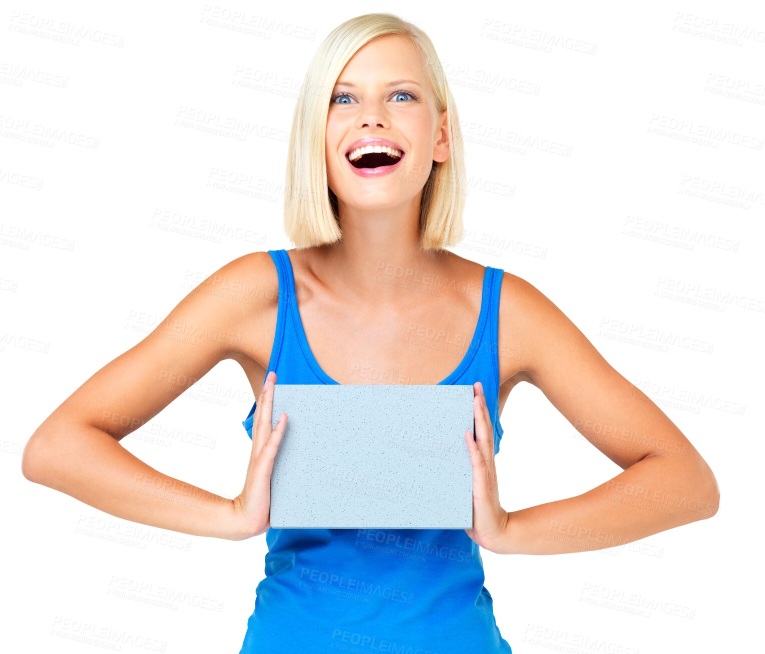 Buy stock photo Blank sign, announcement and wow, portrait of happy woman, poster or billboard for promo deal giveaway. Happiness, mockup and surprised model with info board isolated on transparent, png background.