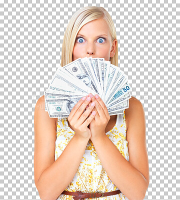 Buy stock photo Woman, winner and wow for money or cash in hands for prize isolated on png, transparent background. Person surprise with dollar bills and big eyes for lottery competition win, reward or bonus profit
